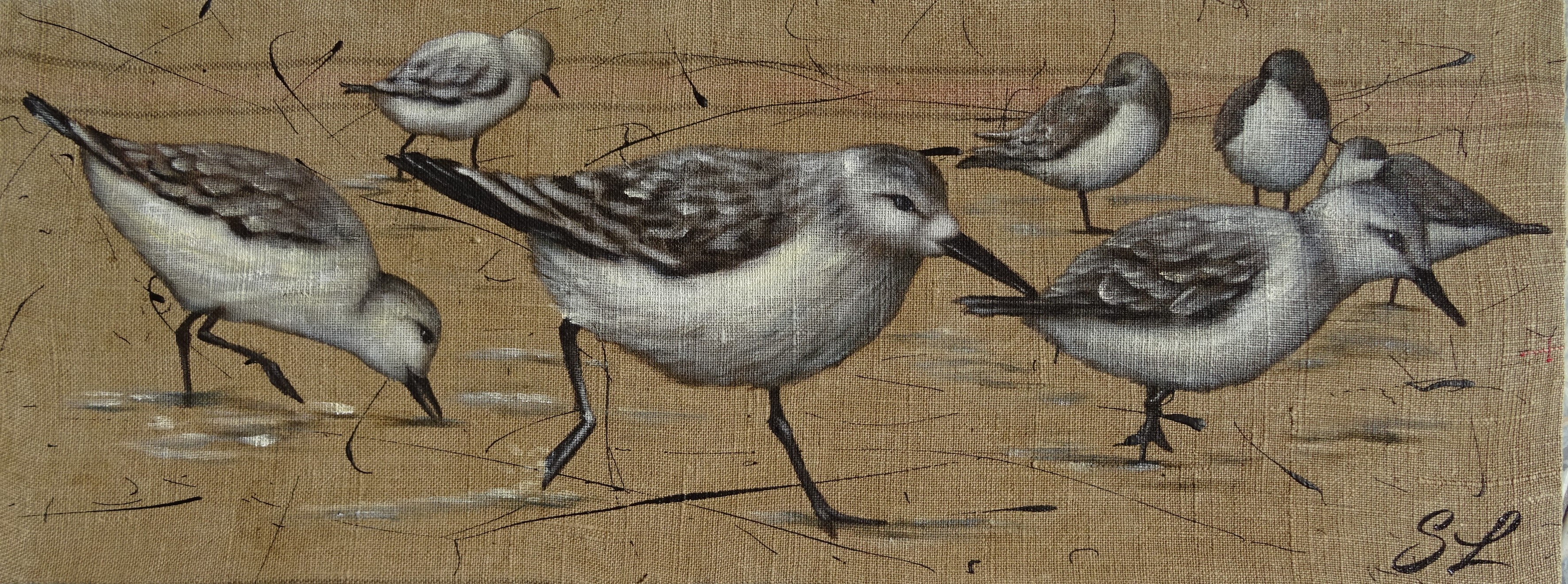 Avocettes sylvie leau artiste peintre ile re peinture sur toile de jute 1