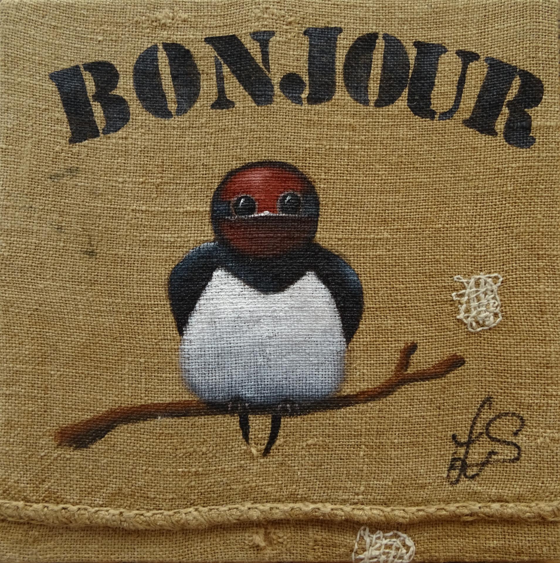 Bonjour hirondelle ile de re toile de jute peinture sylvie leau